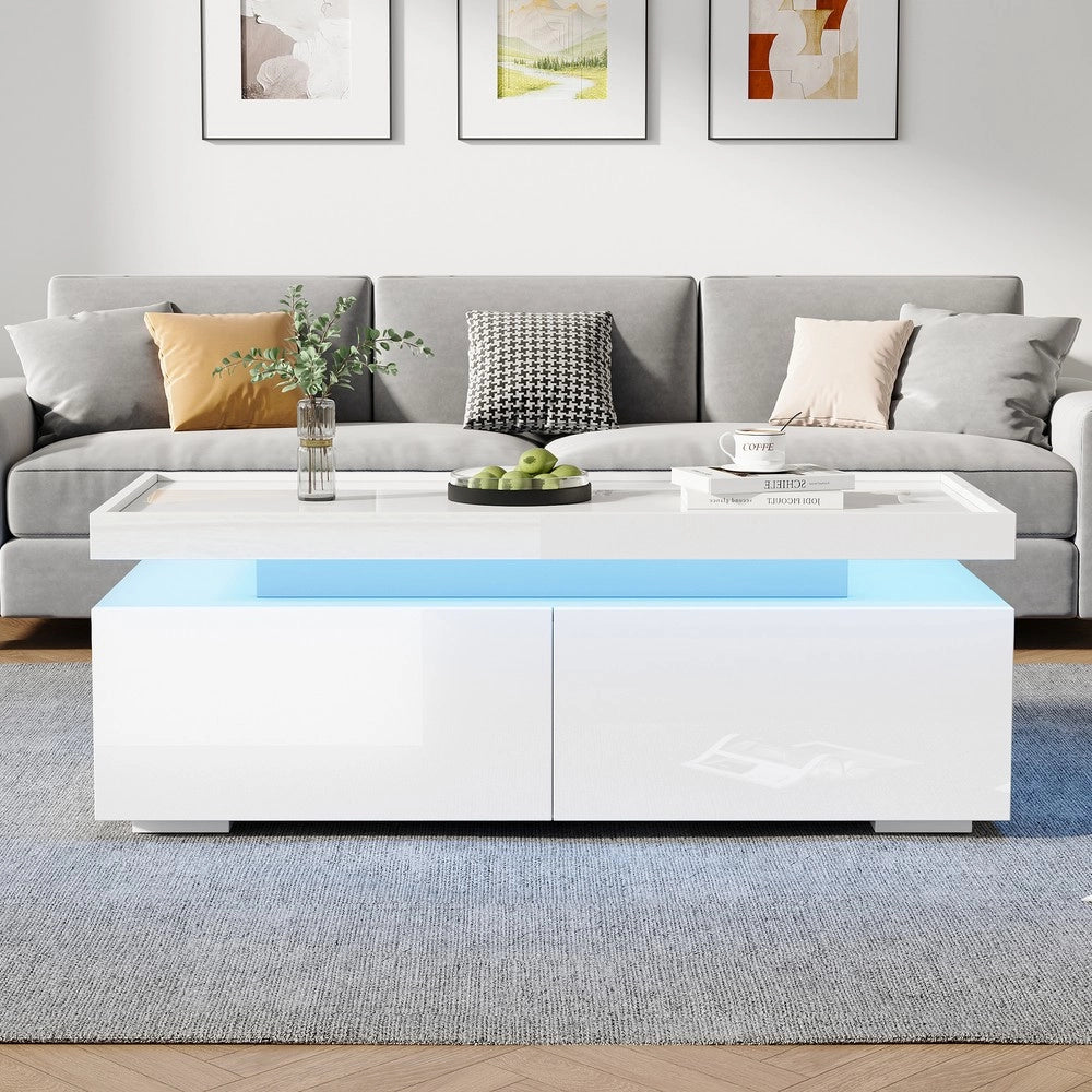 Tavolino da Caff¨¨ con LED e Cassetti ¨C MINIMAL ¨C Bianco Lucido, Design Moderno