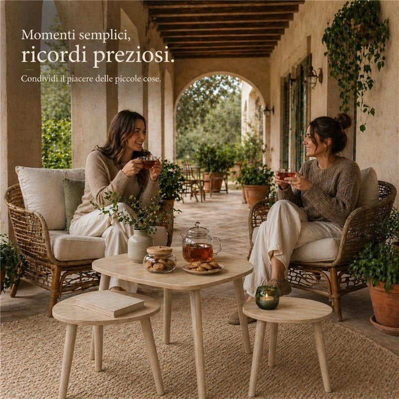 SET DI 3 TAVOLINI CON PIEDI IN LEGNO CHIARO E TOP IN MDF EFFETTO LEGNO CHIARO MISURE: 39X32CM, 48X38CM, 59X49CM