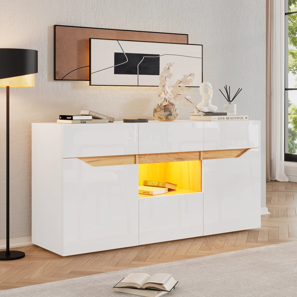 OKWISH Credenza con 4 Cassetti e 2 Ante, Illuminazione LED, per Soggiorno, Pannello di Particelle, Bianco, 140 x 40 x 70 cm