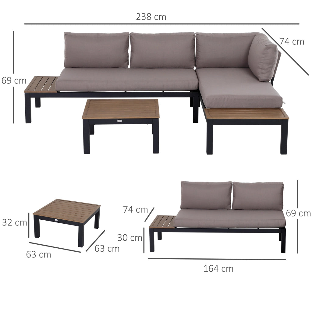 Set di mobili da giardino a 3 pezzi con divano e cuscini tavolino laterale alluminio 164x74x69 cm ideale per uso all'aperto