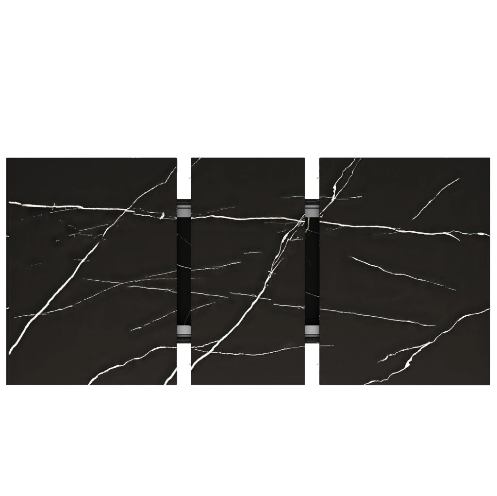 Tavolo da pranzo allungabile 120x75x75.5 cm; design telescopico con piano marmorizzato; MDF e metallo nero