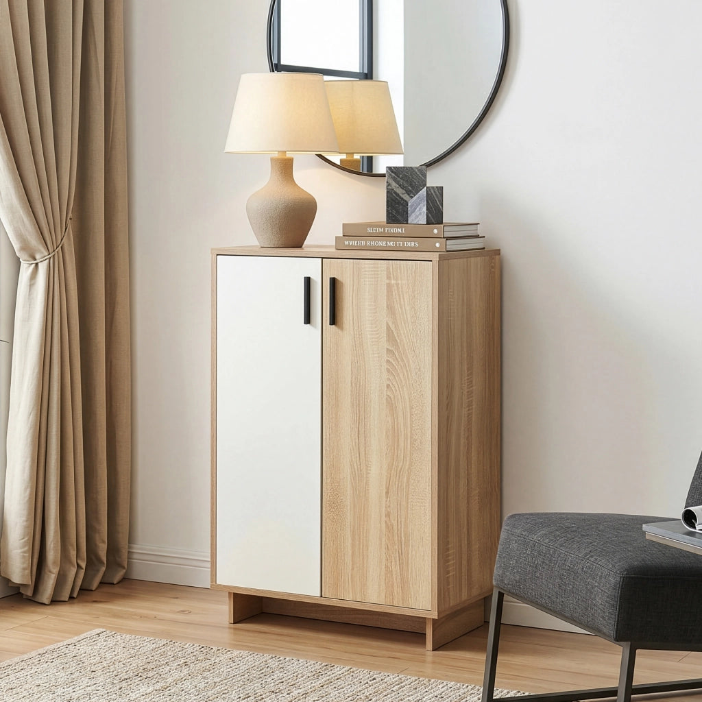 Armadietto Kenta Credenza Stretta Salvaspazio con 2 Ante 90x60x35 cm Effetto Rovere Sonoma / Bianco [en.casa]
