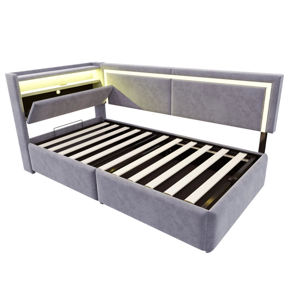Letto imbottito multifunzionale 90x200 cm con contenitore, LED e USB