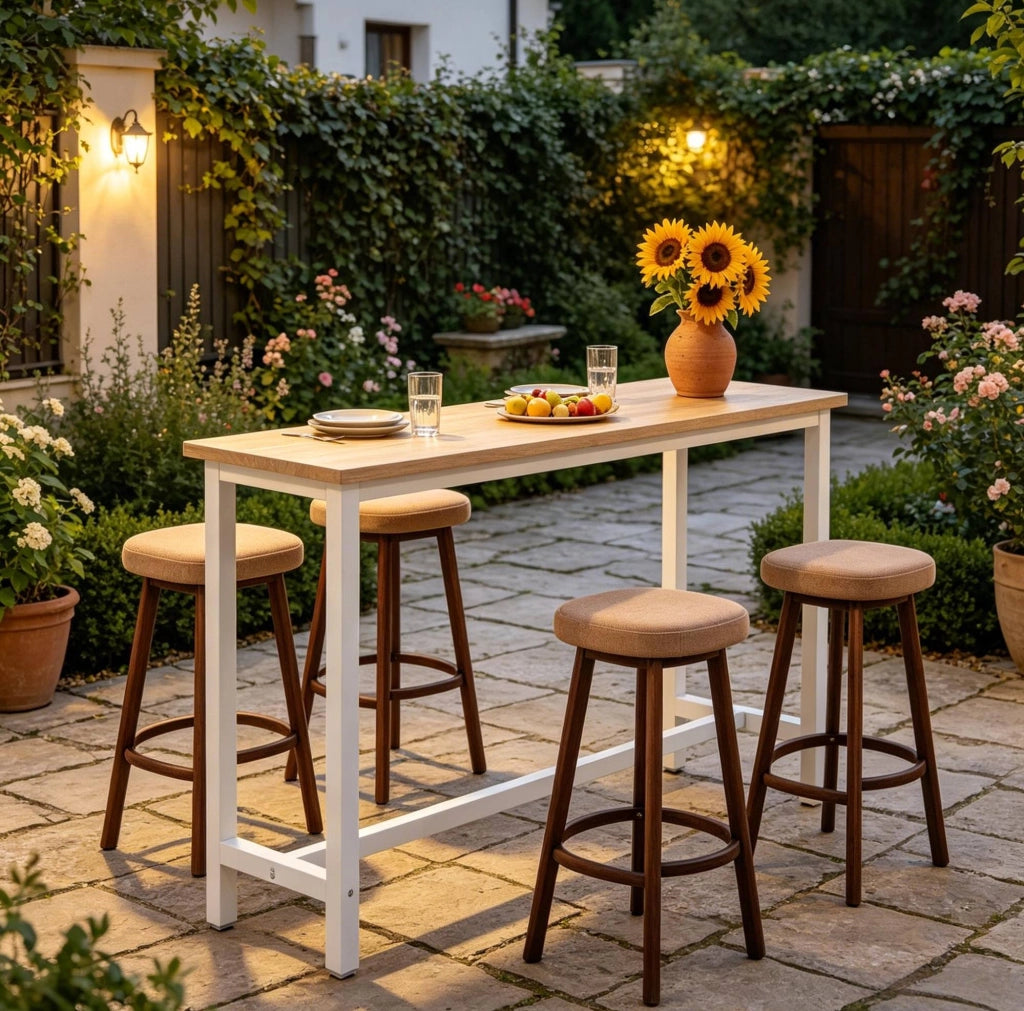 Tavolo bar alto in MDF e metallo bianco e rovere chiaro