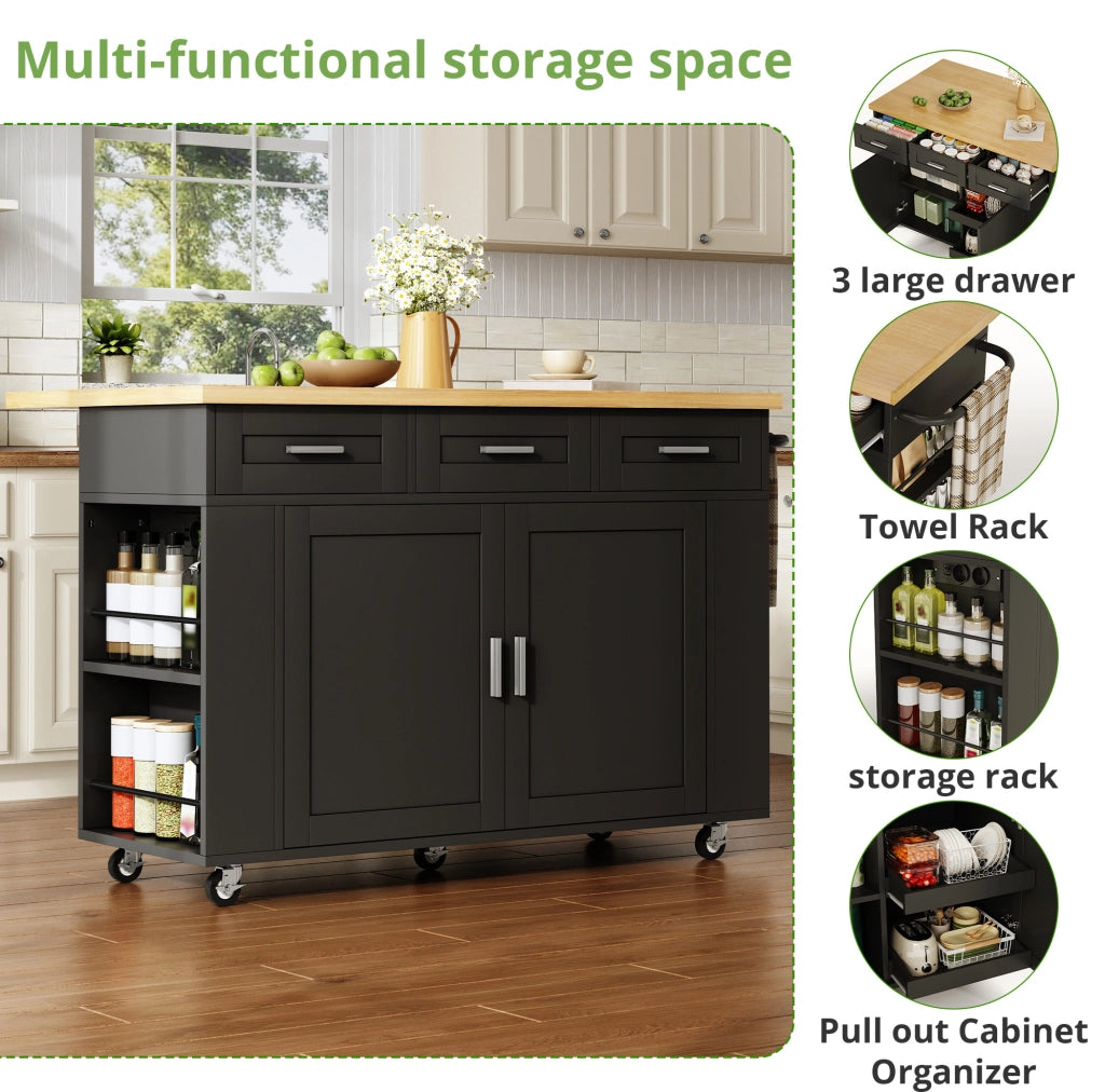 Isola cucina con piano ribaltabile 120x45(70)x84 cm in MDF naturale e nero; con ruote