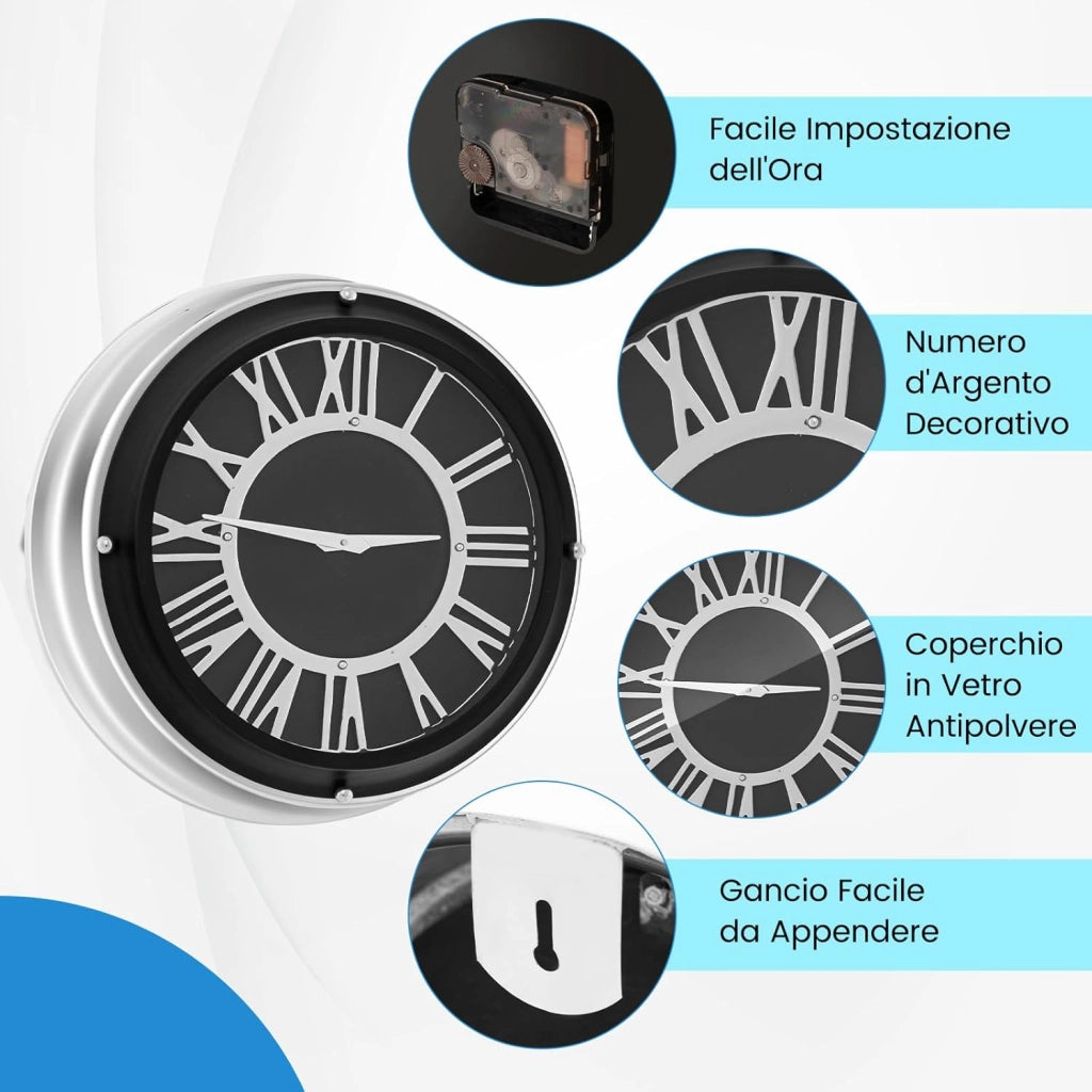 Orologio da Parete 45 cm, Orologio Silenzioso con Numeri Romani, Copertura in Vetro, Orologio Moderno Decorativo per Soggiorno Camera da Letto Ufficio (Stile 2 L)
