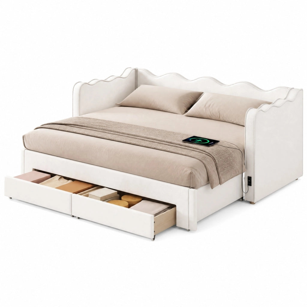 Letto daybed estraibile 90x200 cm con cassetti, USB e tessuto effetto velluto, beige