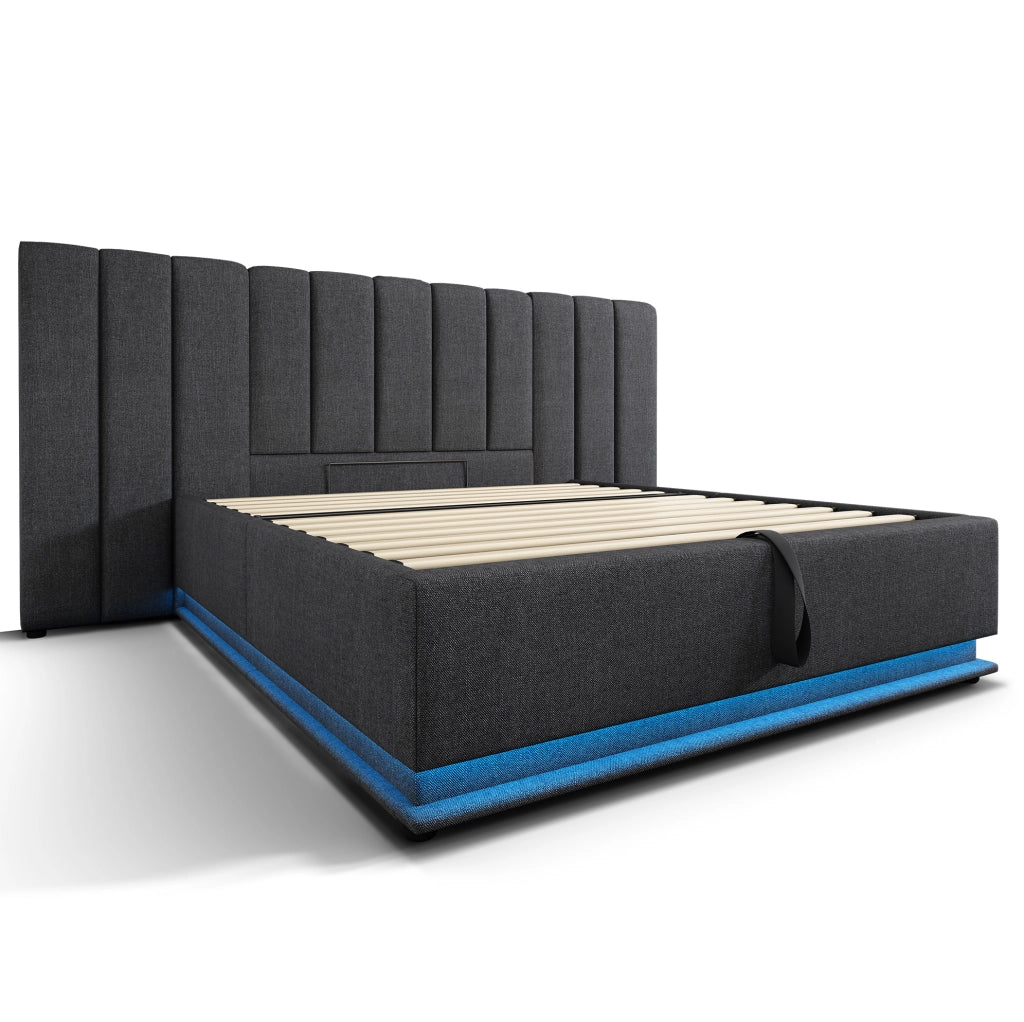 Letto imbottito 160x200 cm con contenitore; LED 360°; USB e Type-C; lino grigio