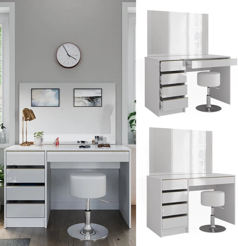 Set tavolino da toilette Sherry, Bianco/Oro, 120 cm con sgabello, inclusi sgabello e grande specchio per l’uso quotidiano