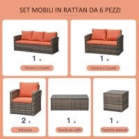 Set da Giardino 6 Pezzi in Rattan con Divani, Poltrone e Tavoli Contenitore, Marrone