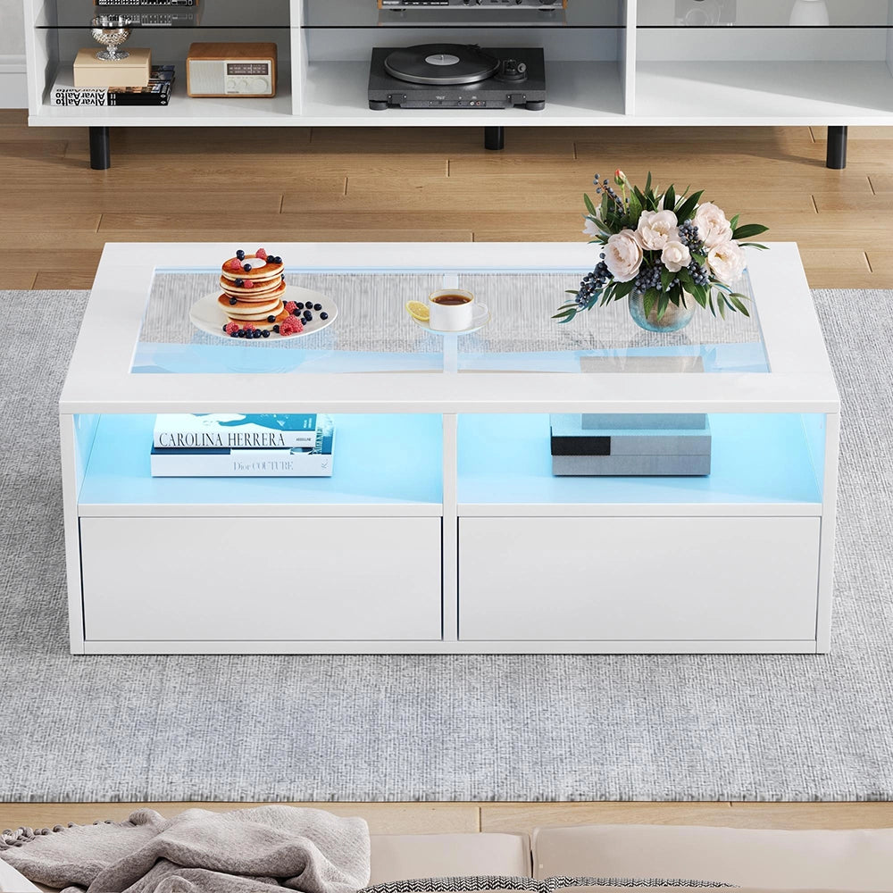 Tavolino LED - Xylo - 100x50cm vetro 2 cassetti bianco