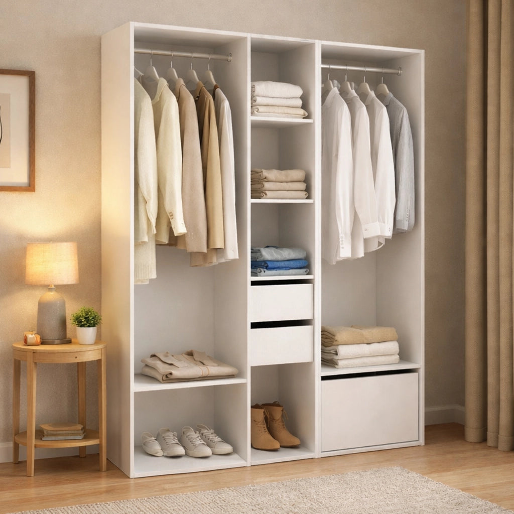 Guardaroba grande Celestin, Mobile camera da letto, Cabina armadio portabiti, Armadio appendiabiti, 158x45 h205 cm, Bianco e Rovere