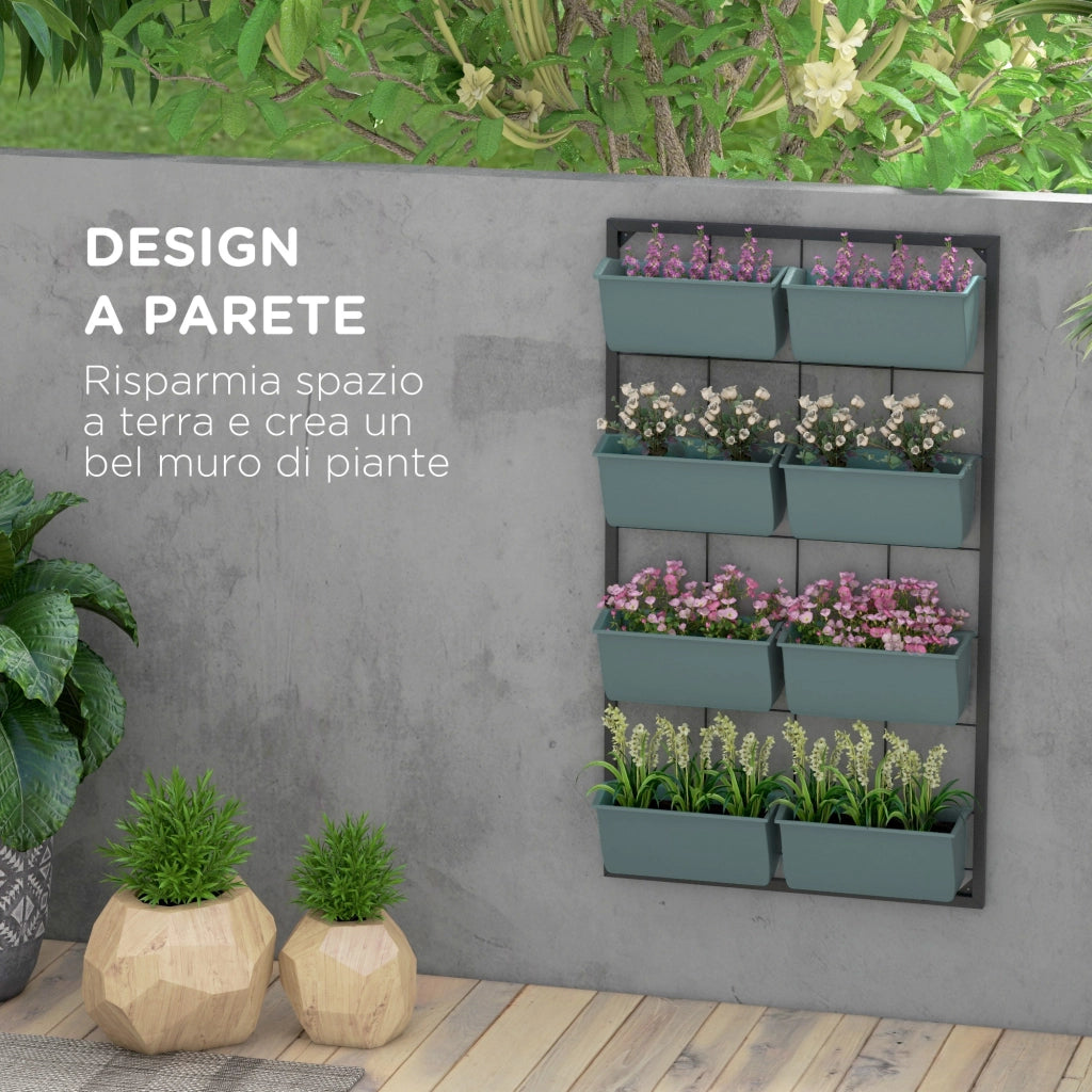 Orto Verticale da Parete a 4 Livelli con 8 Vasi, in Acciaio e Plastica, 52x14x90 cm, Verde Scuro e Nero