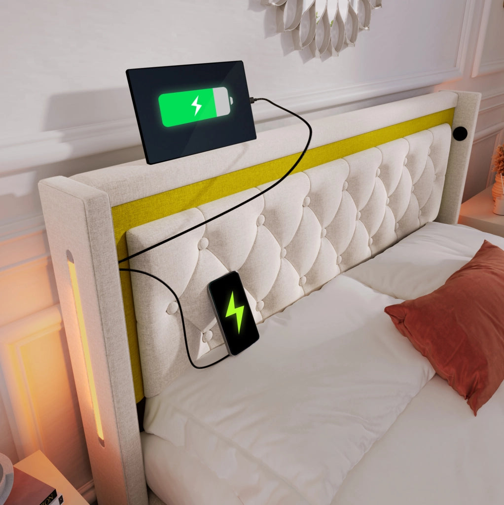 Letto matrimoniale imbottito con contenitore; LED; USB e Type-C 140x200 cm; beige chiaro