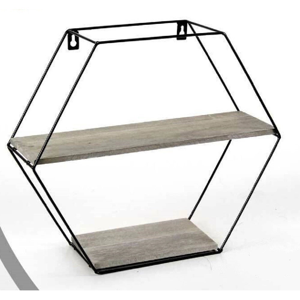 Trade Shop - Bacheca Porta Oggetti Metallo Esagonale Parete 2 Mensole Legno 38x11x35cm 751998 -