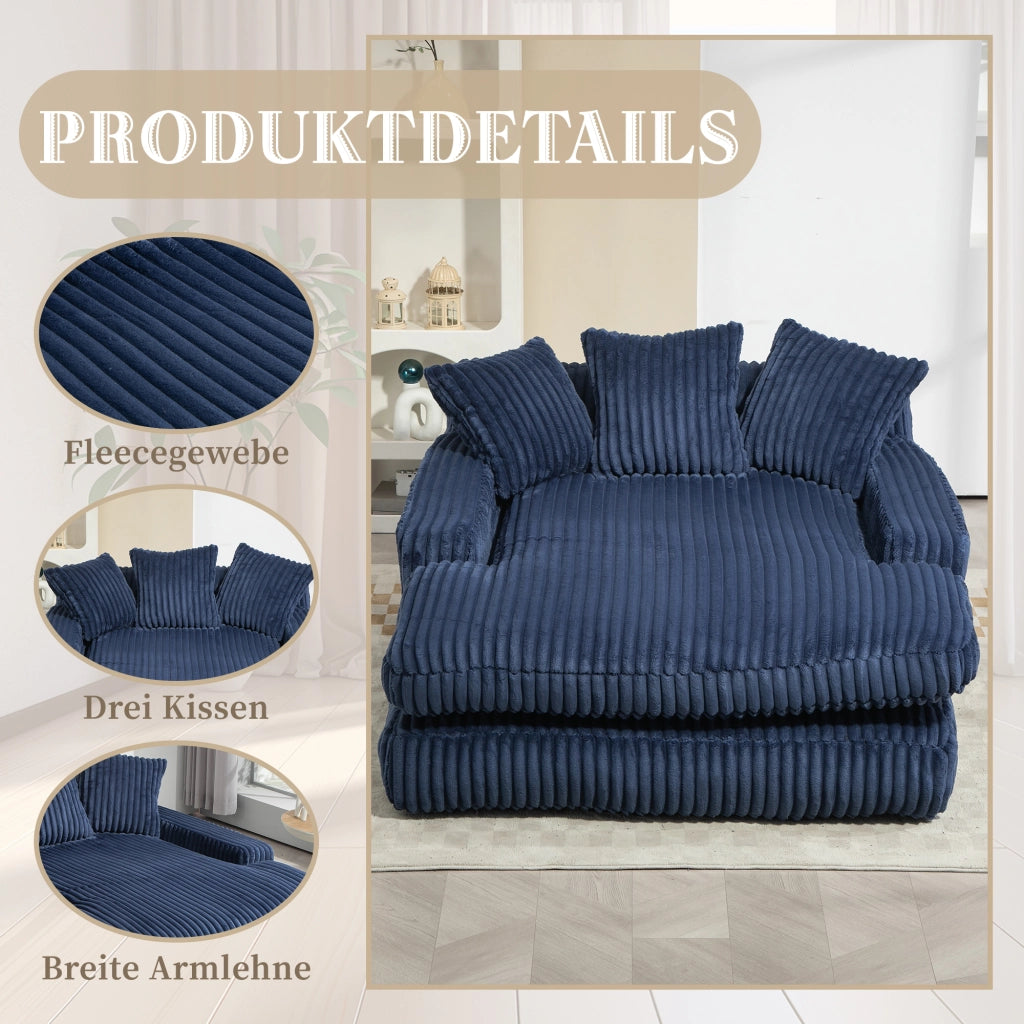 OKWISH Chaise Longue in Velluto a Coste, Design Ergonomico con 3 Cuscini e Seduta a Pavimento, Blu Navy 125 x 155 x 63 cm
