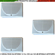 Sirena Interna Antifurto a Parete 3 Pezzi Diffusore Piezo Acustica 120 dB Morsetti Polarizzati Alimentazione 12 Vcc Assorbimento 350 mA Bitonale da 1500/4000 Hz Protezione Tamper Contenitore ABS IP32
