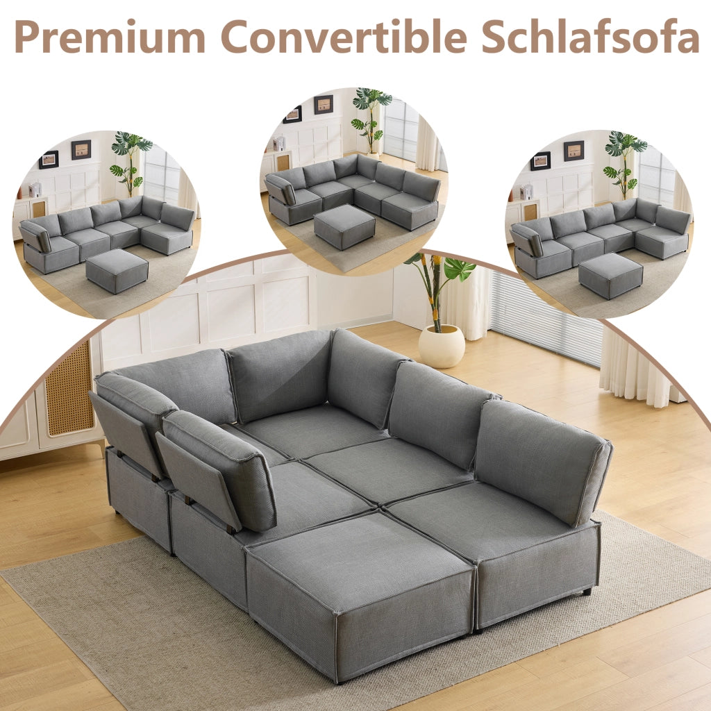 Divano modulare con funzione letto e seduta confortevole in tessuto grigio chiaro 308 × 152 × 77 cm