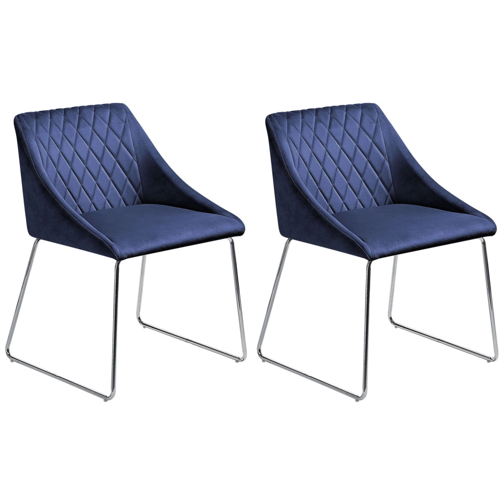 Set di 2 sedie da pranzo in tessuto velluto blu navy gambe in metallo cromato stile moderno