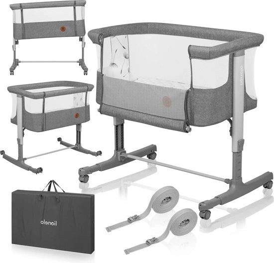 Culla 3 in 1 per bambini fino a 9 kg - lettino accanto al letto - lettino supplementare - Materasso di alta qualità - regolazione di altezza - regolazione di inclinazione - 4 ruote con freno - Grigio Cemento - Culla condivisa