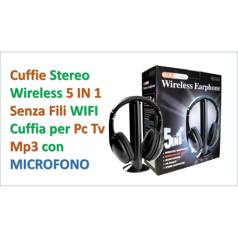 Trade Shop - Cuffia Cuffie Wireless 5 In 1 Senza Fili Wi-fi Microfono Radio Fm -
