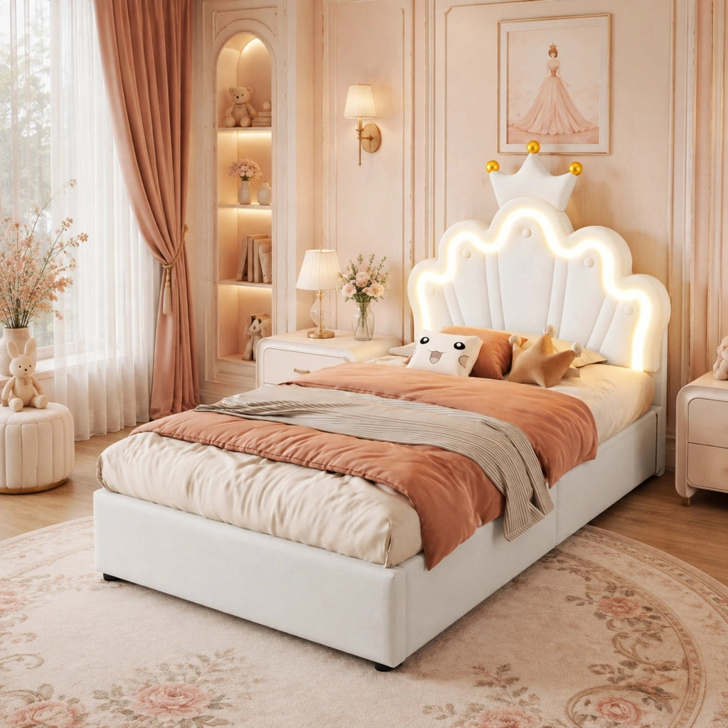 LETTO Imbottito 90x200 cm in PU Bianco con testiera regolabile e LED