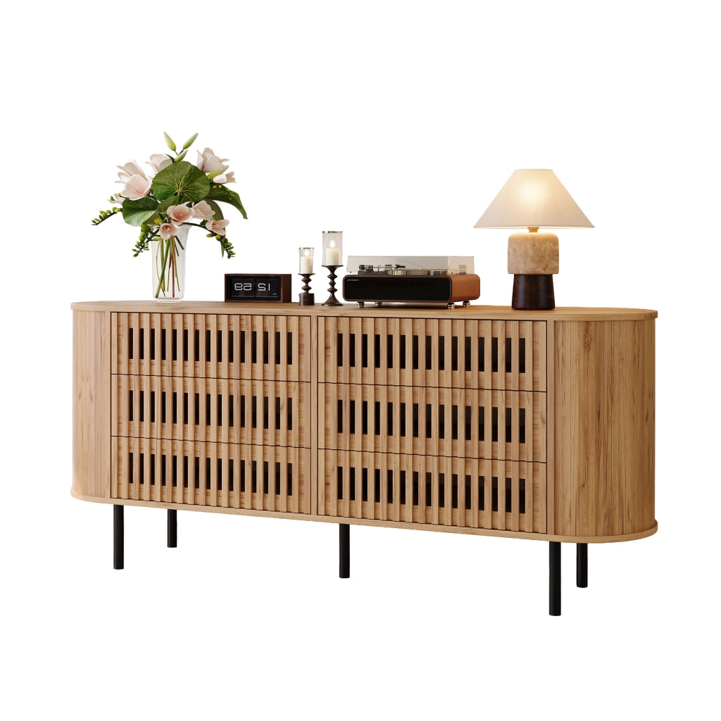 Sideboard 160x40x70 cm con 6 cassetti in MDF naturale