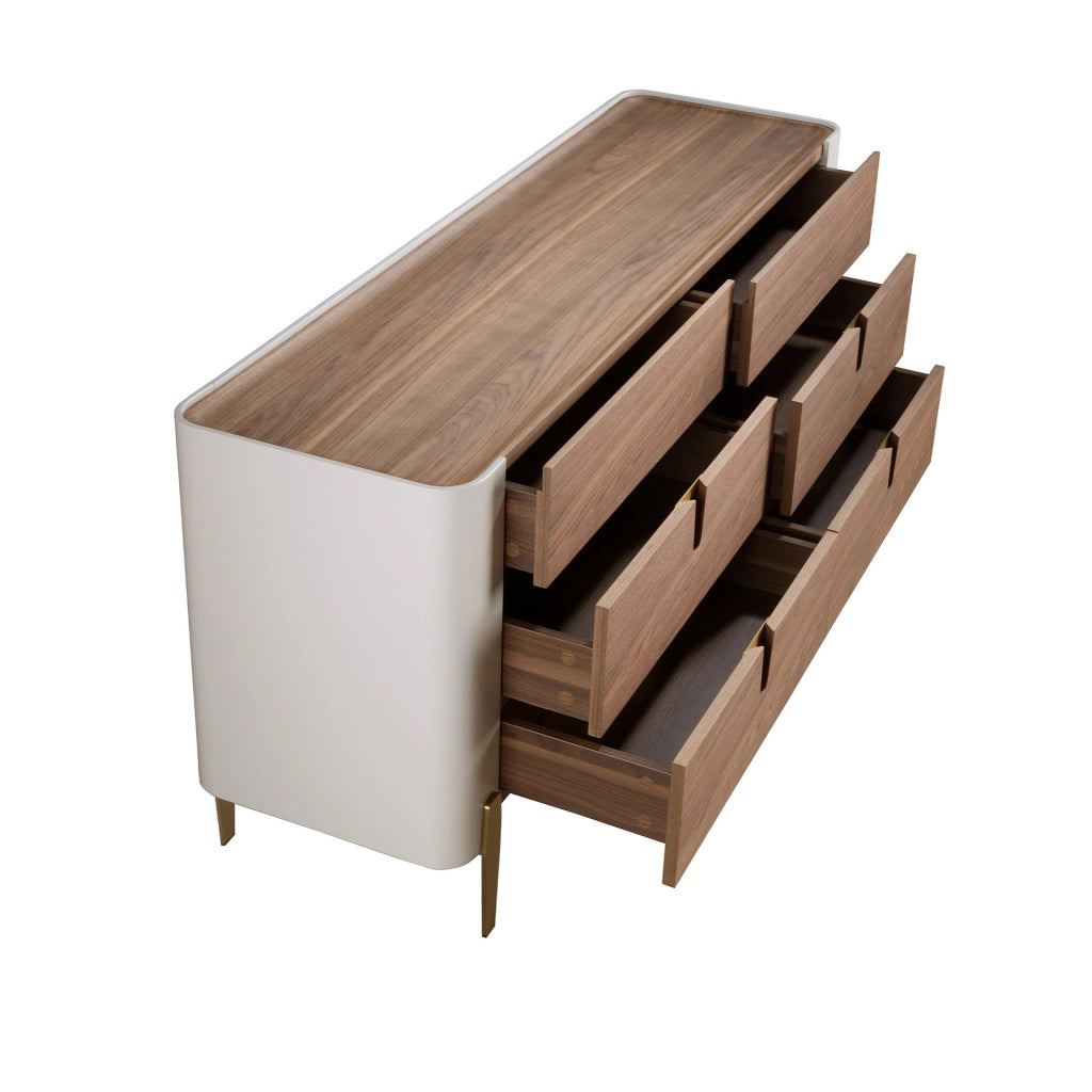 Cassettiera in legno beige, acciaio lucido dorato e piano in noce
