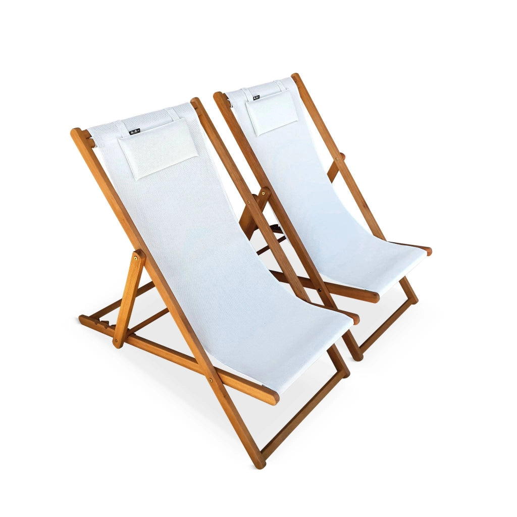 Set 2 lettini prendisole in legno con cuscino poggiatesta, bianco
