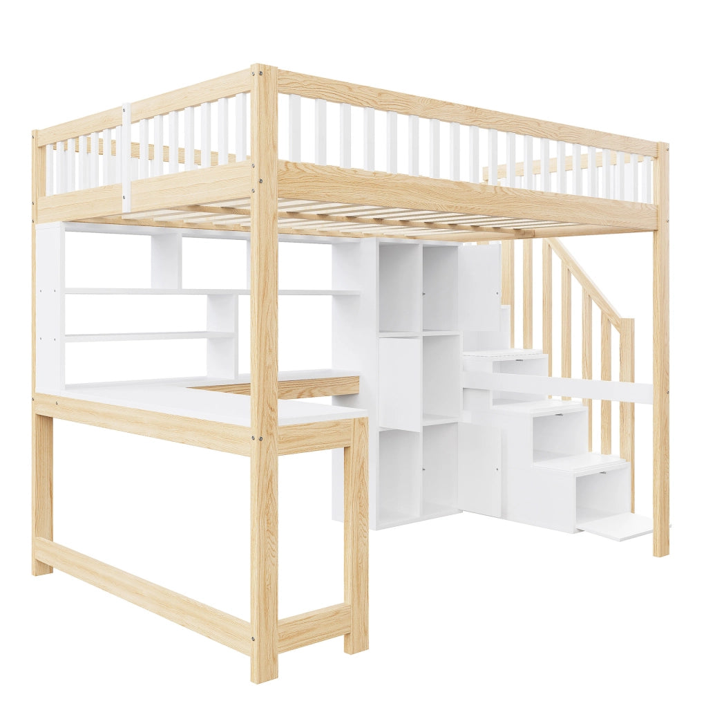 Letto a soppalco 140x200 cm con LED, scrivania e scala contenitore bianco e naturale