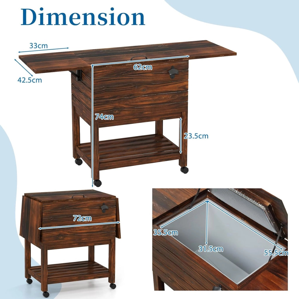 Frigorifero mobile per giardino, terrazza, piscina, 51 l, bar, 128 x 42,5 x 74 cm, 2-4 ore, 4 ruote universali, 2 ripiani laterali pieghevoli