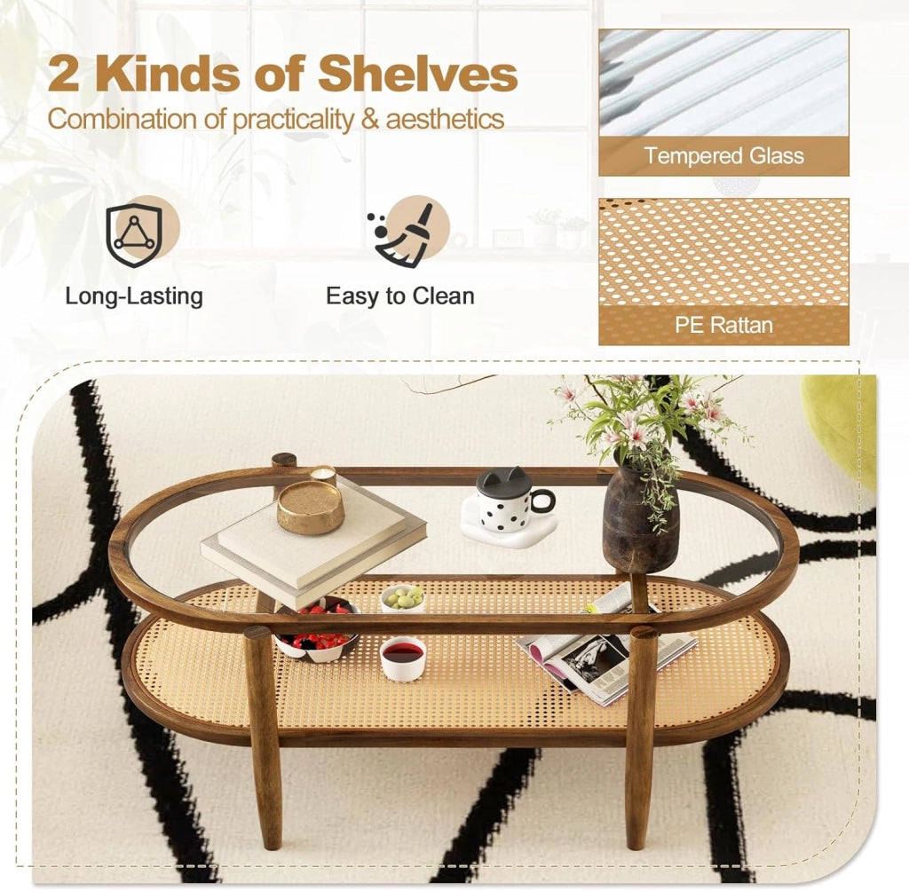 Tavolino ovale in rattan con piano in vetro e ripiano in rattan, 102 x 56 x 47 cm, tavolino da caffè per soggiorno, tavolino ovale con ripiano, tavolo da tè in rovere massiccio con gambe in