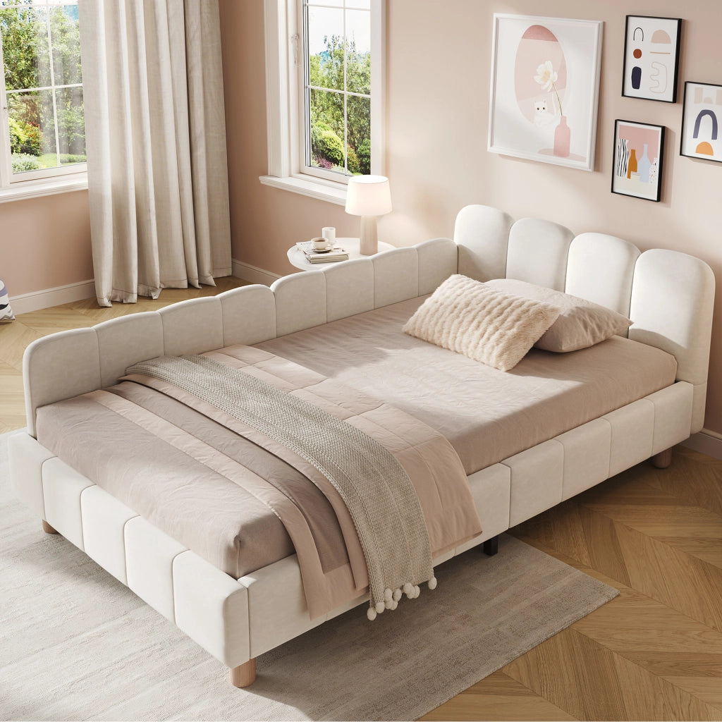 Letto singolo imbottito per bambini 90 x 200 cm in velluto beige con testiera ergonomica, sponde laterali e gambe in legno