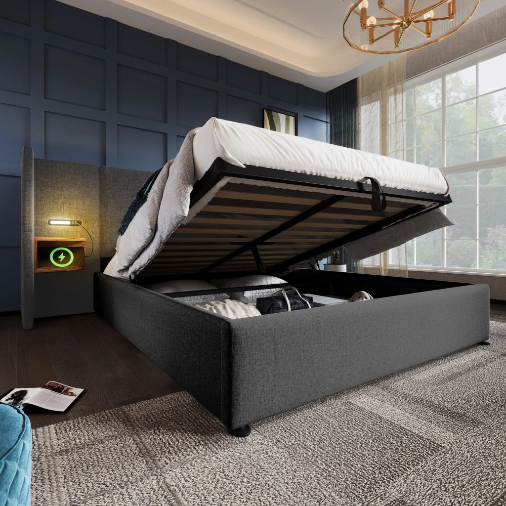 Letto Contenitore 160×200 cm; Letto Matrimoniale con Mensola; Lampada da Lettura; USB e Tipo C; senza Materasso; Grigio