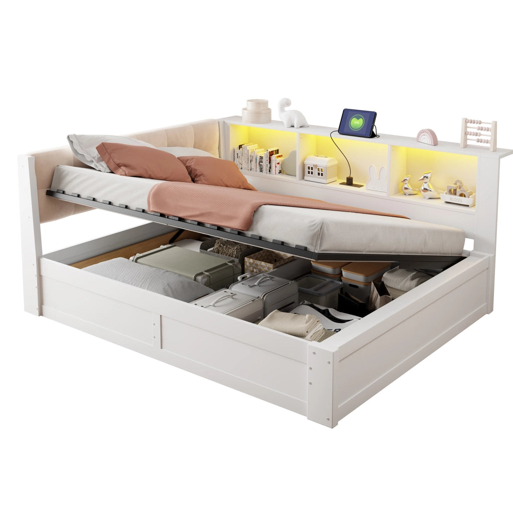 Letto singolo 140x200 cm con contenitore laterale; LED; USB e mensola; bianco