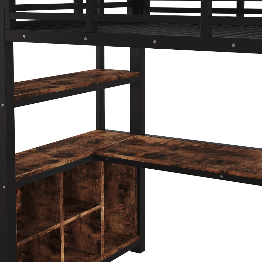Letto a soppalco singolo 90×200 cm con scrivania; appendiabiti; ripiani e vani portaoggetti; senza materasso; nero
