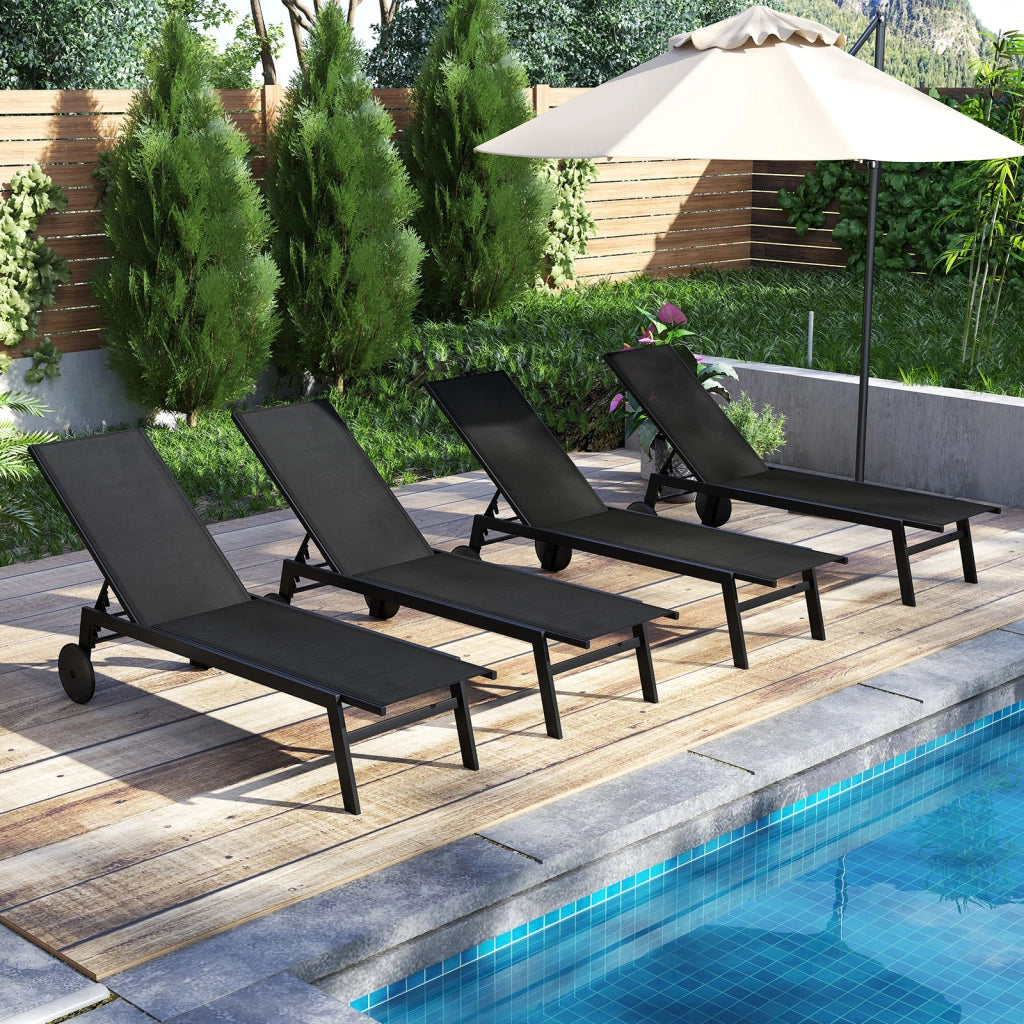 Sdraio patio ruote poltrona reclinabile 6 posizioni schienale regolabile-Sdraio tessuto traspirante prendisole piscina terrazza giardino Nero