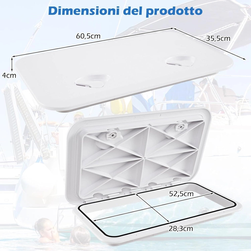 Portello d’Ispezione in ABS 60,5 x 35,5 cm, Portello di Accesso del Ponte Rettangolare Antiscivolo Apertura a 180°, Copertura del Ponte Marino della Barca, Bianco