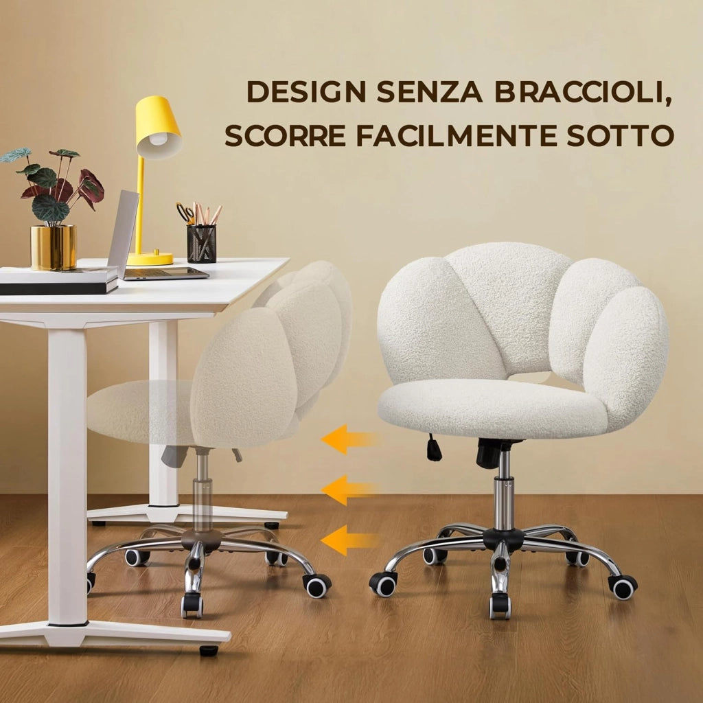 Sedia da Ufficio Scrivania Bianca Cameretta Imbottita Senza Braccioli Ergonomica con Ruote Girevole, Schienale Design a Nuvola in Tessuto Bouclé, Altezza Regolabile