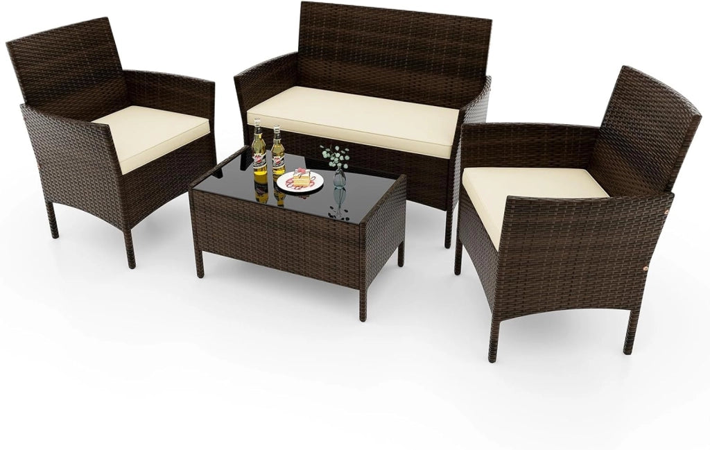 Soggiorno da giardino esterno per 4 persone in rattan PE, cuscini imbottiti, set da divano a 2 posti, 2 poltrone e tavolino in vetro temperato, mobili da terrazza per patio, balcone (marrone)