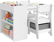 Tavolino Bambini con 2 Sedie, 3 in 1 Scrivania Cameretta in Legno, con Ripiano a 3 Livelli, Portarotolo di Carta e Contenitore Rimovibile, per Asilo, Bianco