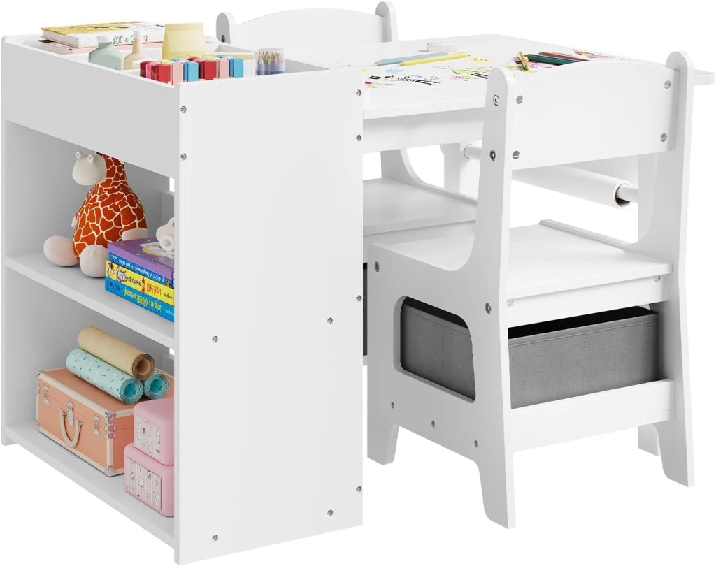 Tavolino Bambini con 2 Sedie, 3 in 1 Scrivania Cameretta in Legno, con Ripiano a 3 Livelli, Portarotolo di Carta e Contenitore Rimovibile, per Asilo, Bianco