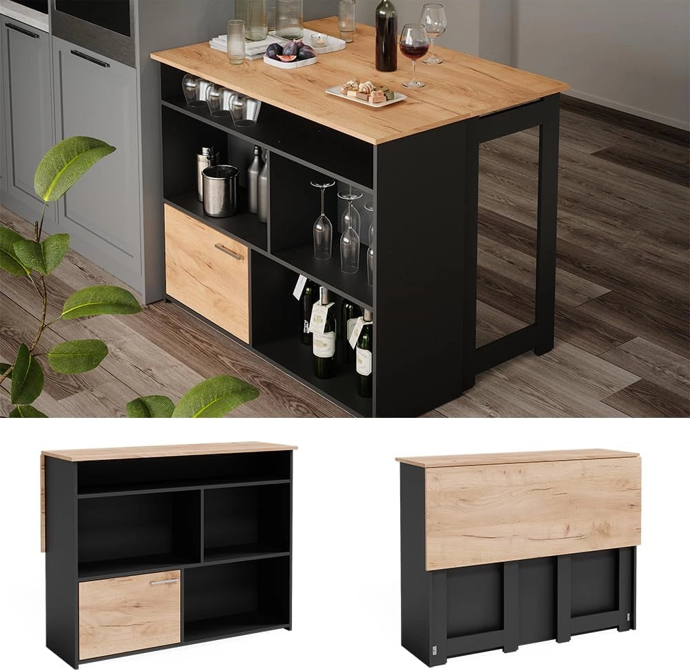 Tavolo bar alto Dominic, Quercia dorata, 116 x 37 cm 4x scomparti aperti e 1x porta, piano del tavolo pieghevole per un utilizzo flessibile in spazi ridotti