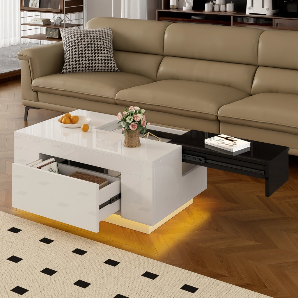 OKWISH Tavolino da Salotto Moderno con Piano Estensibile, Cassetto Nascosto Soft Close e LED Bluetooth, 80 x 50 x 35.5 cm