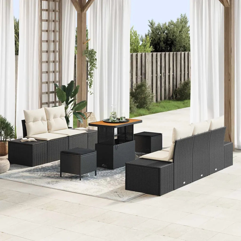 Set Divano da Giardino con cuscino 8 pcs Nero Poly Rattan