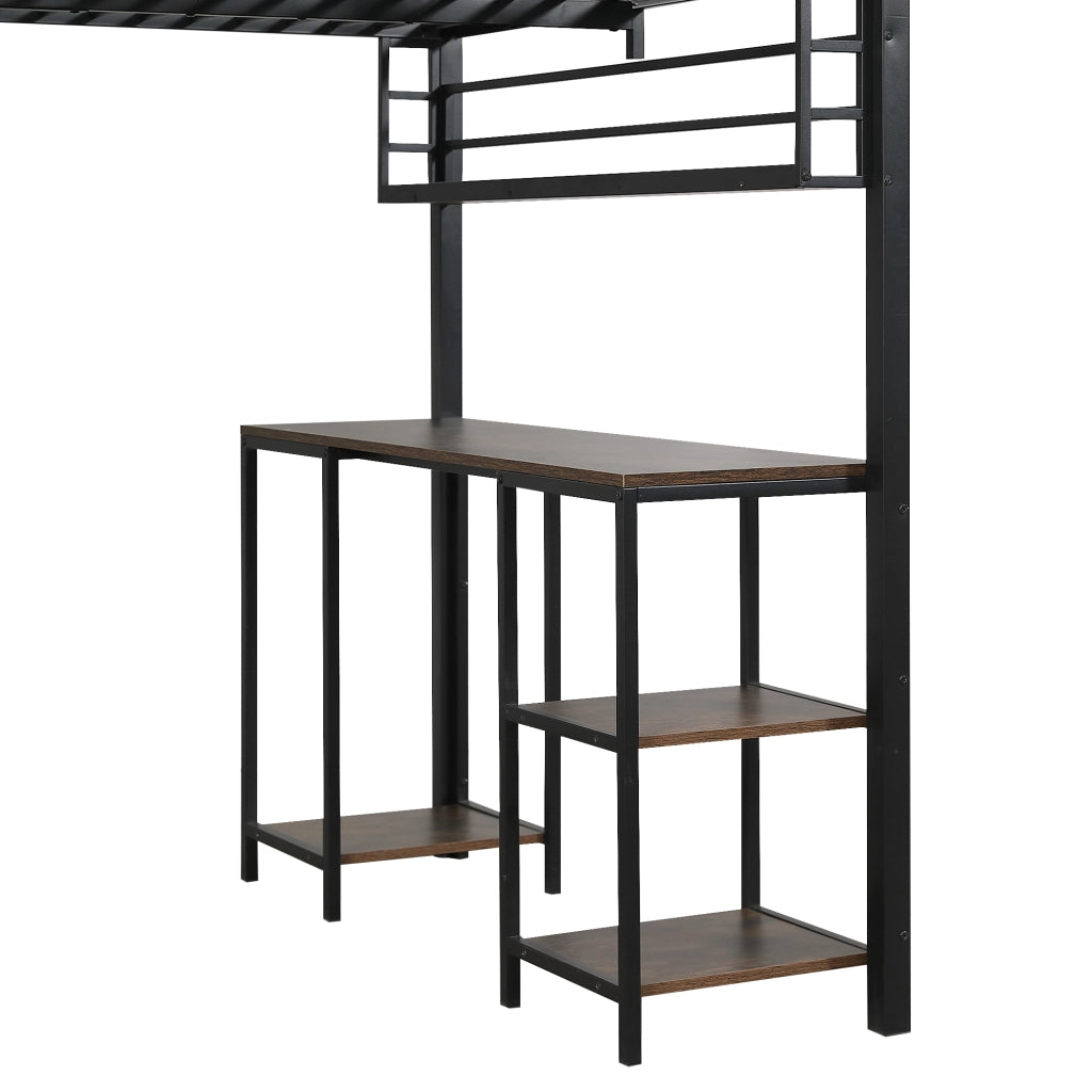 OKWISH Letto a soppalco 120×200 cm, Letto Singolo con Scrivania Integrata, Mensola e Scala a 4 Gradini, senza Materasso, Metallo e Legno, Nero
