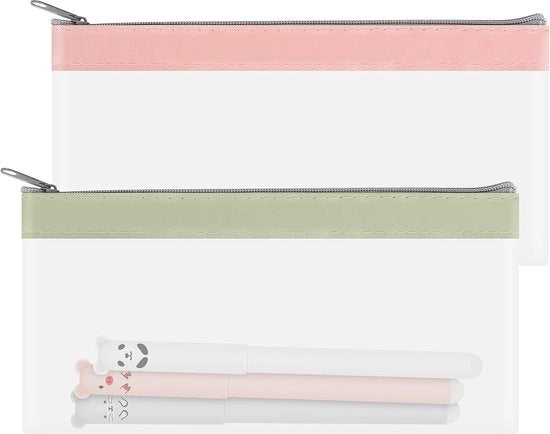 Set di 2 etui trasparenti per penne - Ideale per scuola e ufficio - Portatile - Rosa + Verde - Stile moderno.