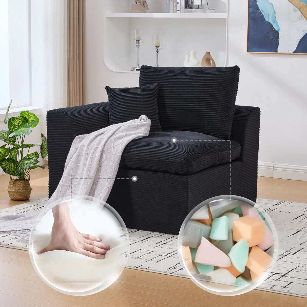 OKWISH Poltrona in Velluto a Coste, Seduta Imbottita con Cuscino Schienale, Design Minimalista, Nero