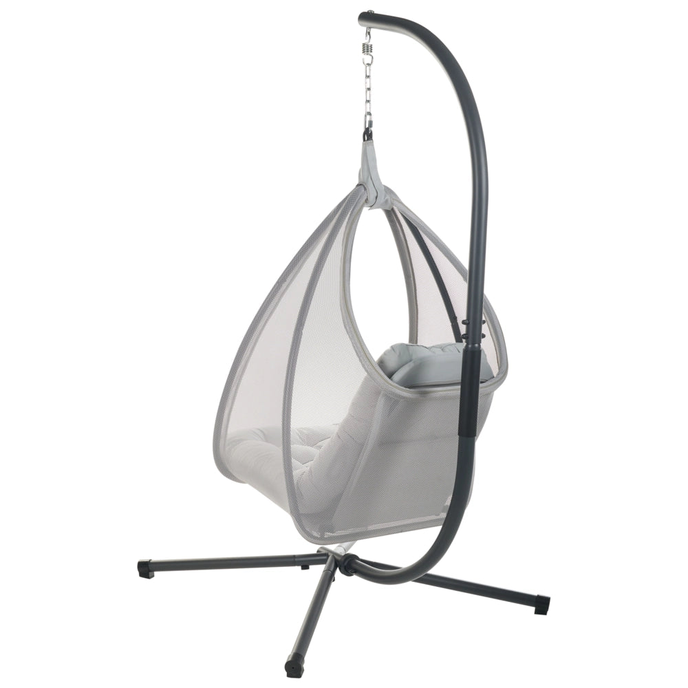 Sedia a uovo a dondolo Supporto metallico grigio chiaro Morbido cuscino da seduta Boho Rustico Soggiorno Terrazza