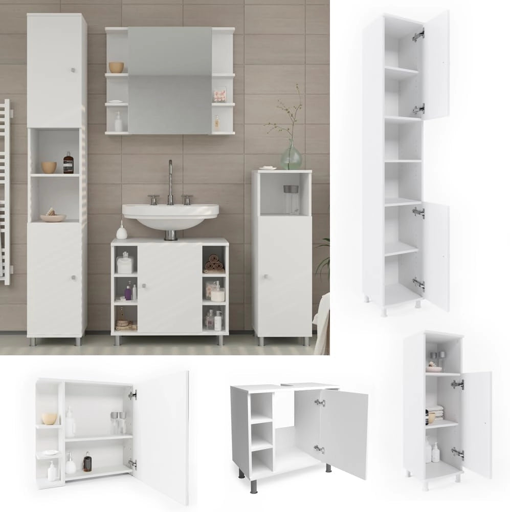 Set mobili bagno Fynn, Bianco, 60 cm, composto da mobile lavabo, pensile a specchio, colonna e base media